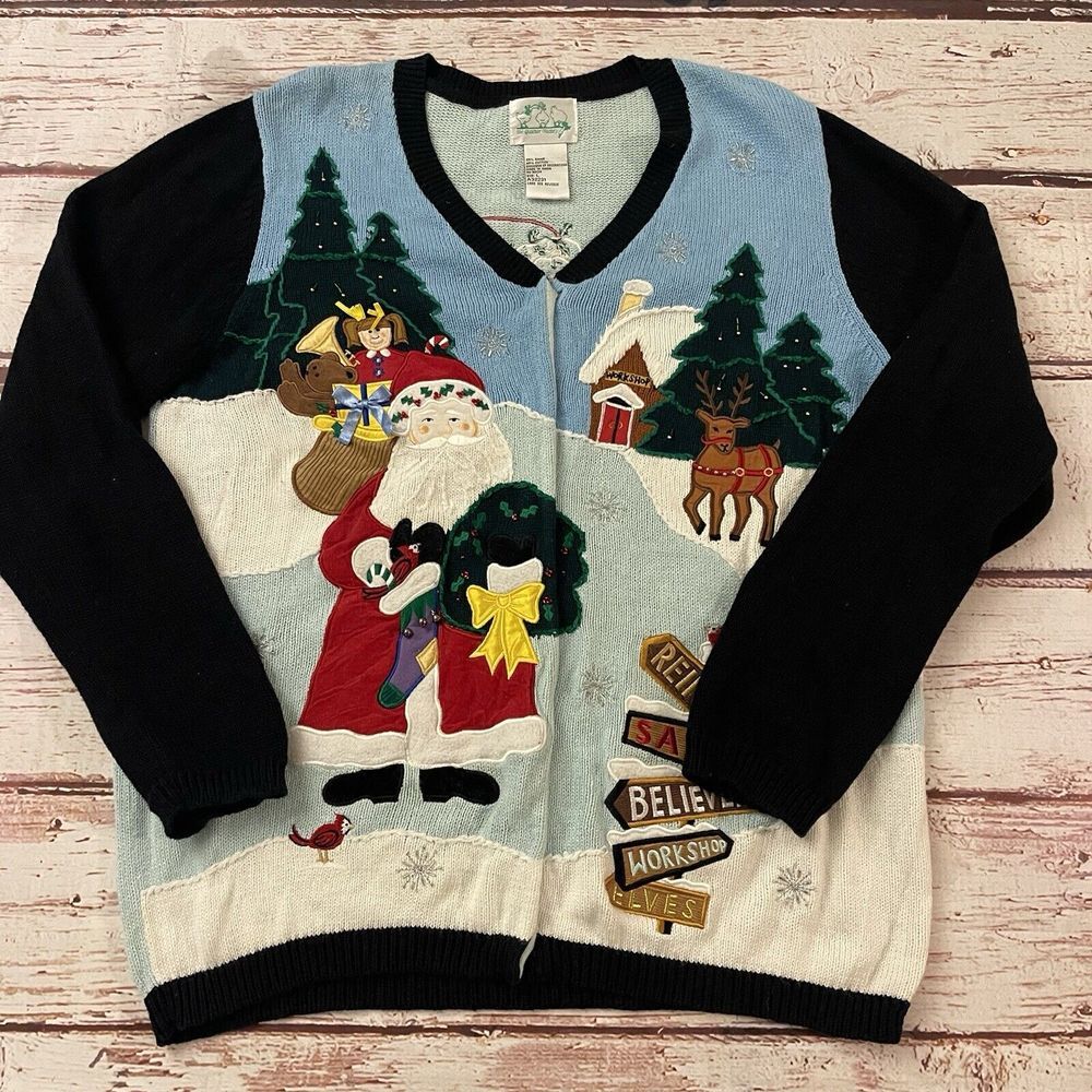 The Quacker Factory Women's Christmas Santa Button Up Cardigan Sweater Large